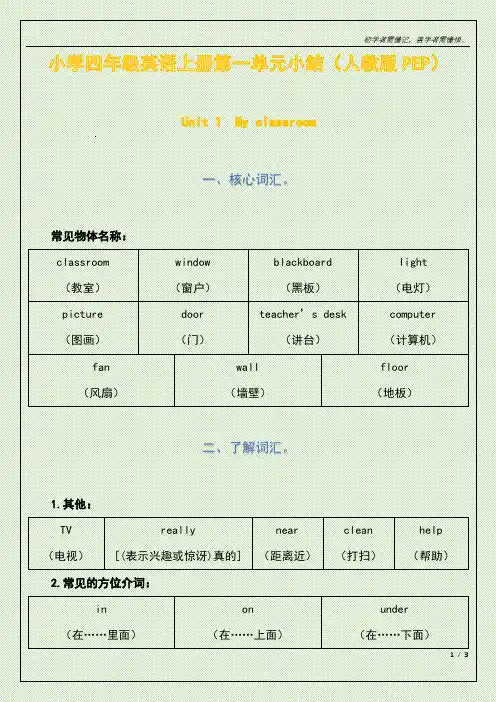 小学四年级英语上册第一单元小结(人教版PEP)