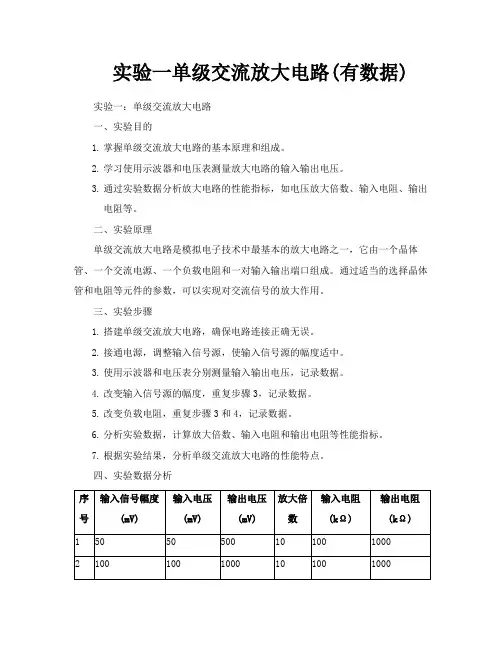 实验一单级交流放大电路有数据