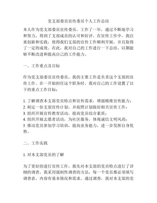 党支部委员宣传委员个人工作总结