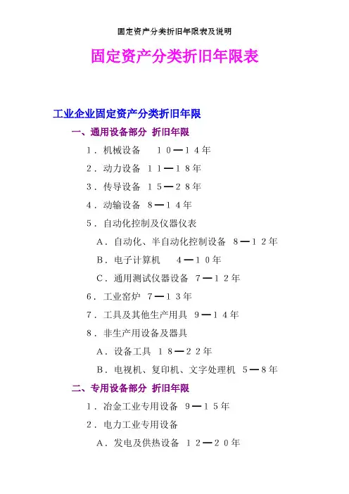 固定资产分类折旧年限表及说明