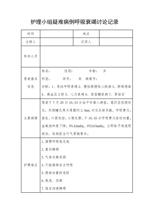 护理小组疑难病例呼吸衰竭讨论记录
