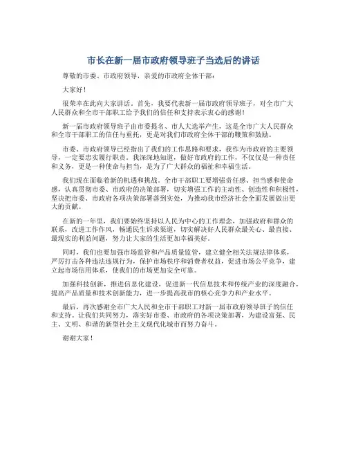 市长在新一届市政府领导班子当选后的讲话