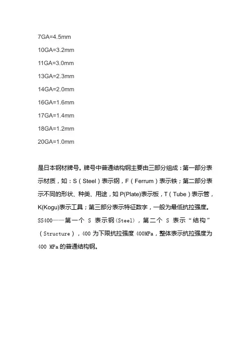材料及厚度对照表