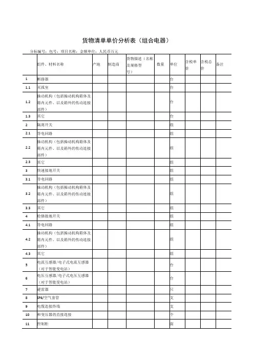 货物清单单价分析表(组合电器)(2023年)