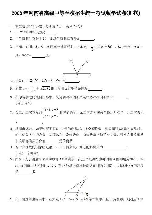 2003年河南省高级中等学校招生统一考试数学试卷(B卷)