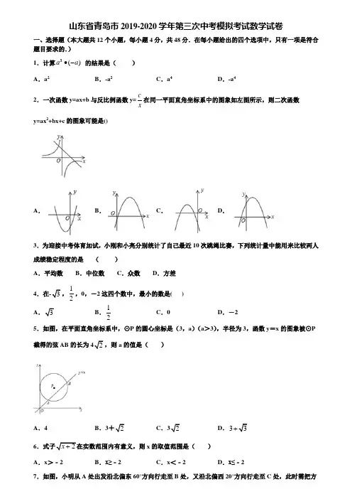 山东省青岛市2019-2020学年第三次中考模拟考试数学试卷含解析