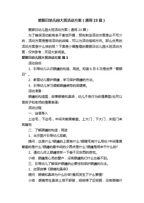 爱眼日幼儿园大班活动方案（通用23篇）