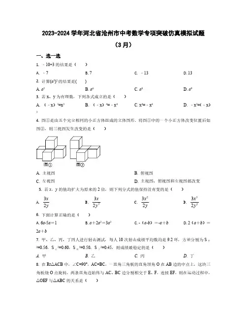 【中考数学】2023-2024学年河北省沧州市学情摸底仿真模拟试卷合集2套(含解析)