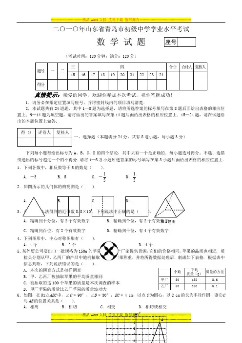 2010年山东省青岛市中考数学试题及答案(word版)