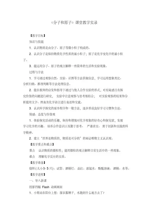 精品《3.1分子和原子》课堂教学实录（附导学案）