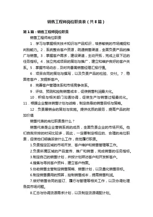 销售工程师岗位职责表（共8篇）