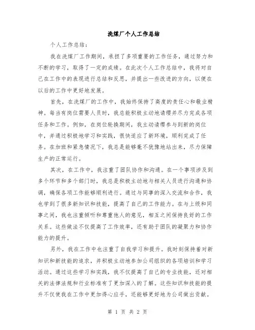 洗煤厂个人工作总结