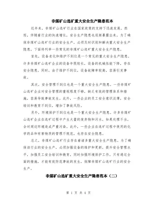 非煤矿山选矿重大安全生产隐患范本（2篇）