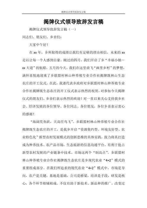 揭牌仪式领导致辞发言稿