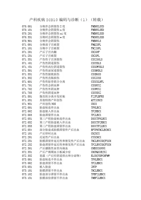 产科疾病ICD10编码与疾病诊断