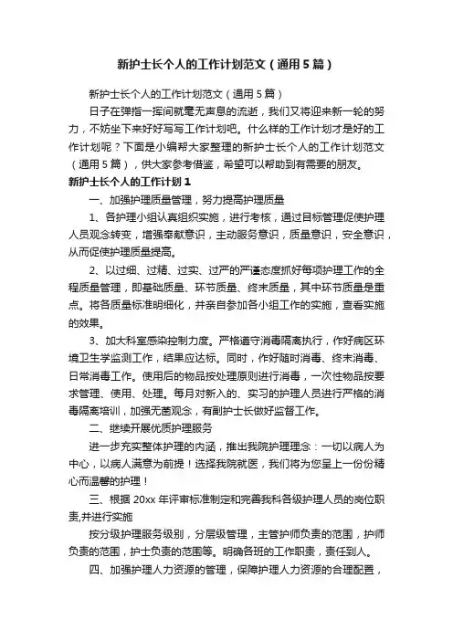 新护士长个人的工作计划范文（通用5篇）