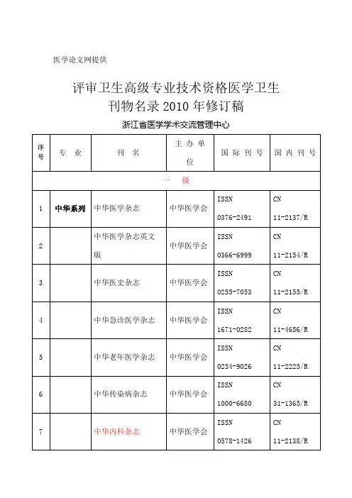 浙江省医学卫生职称评审期刊目录