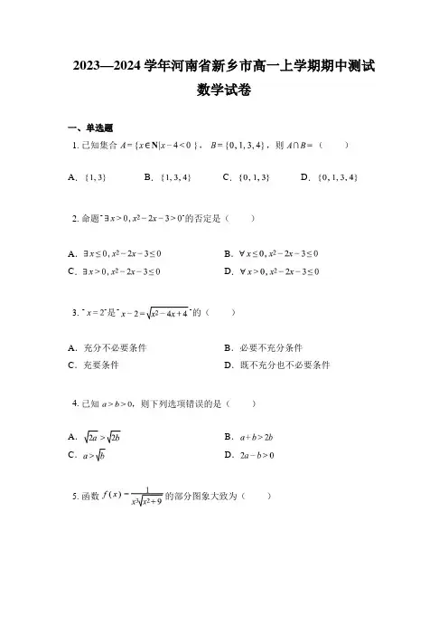 2023—2024学年河南省新乡市高一上学期期中测试数学试卷