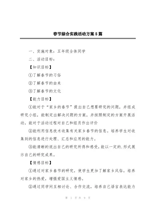 春节综合实践活动方案5篇