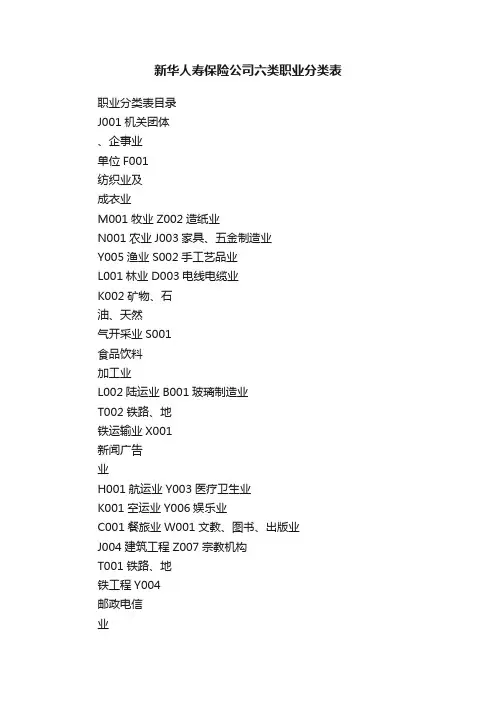 新华人寿保险公司六类职业分类表