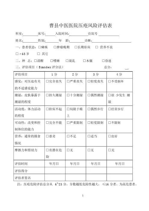 压疮风险评估表