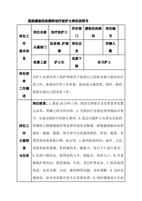 医院感染性疾病科治疗班护士岗位说明书
