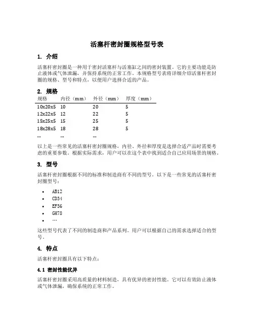 活塞杆密封圈规格型号表