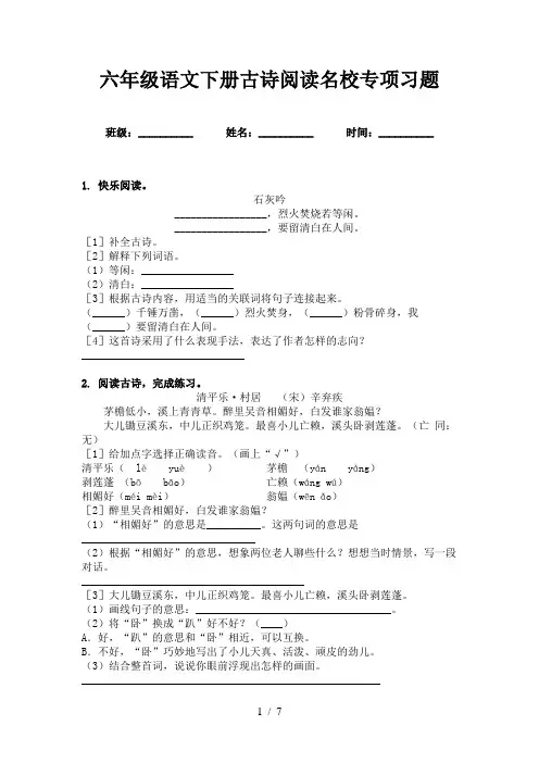 六年级语文下册古诗阅读名校专项习题