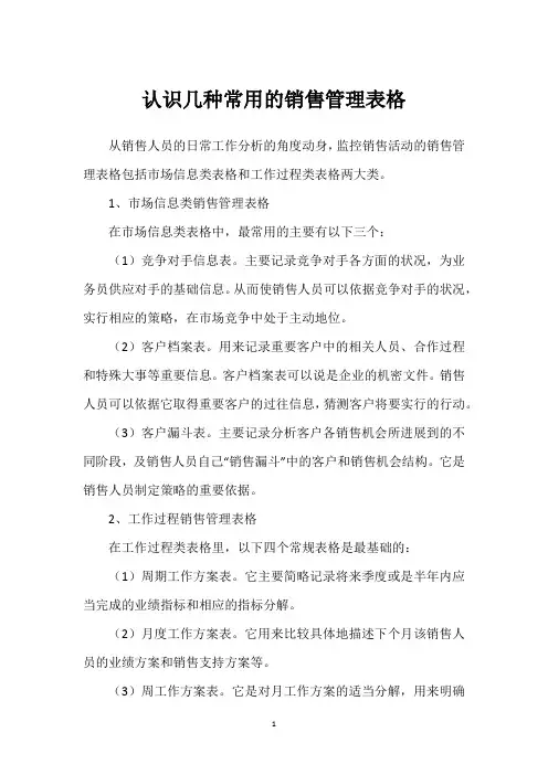 认识几种常用的销售管理表格