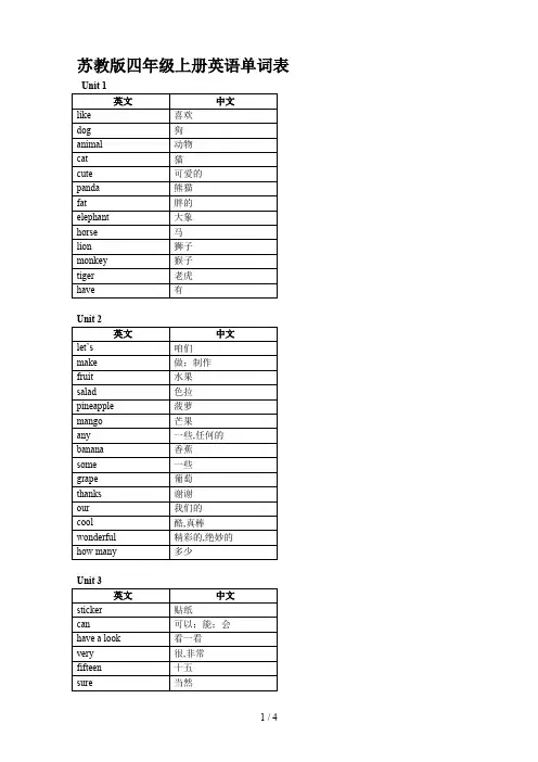苏教版四年级上册英语单词表