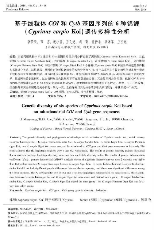 基于线粒体COI和Cytb基因序列的6种锦鲤(Cyprinus carpio Koi)遗传多样性分析