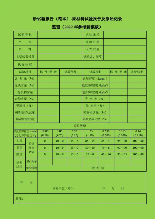 砂试验报告(范本)-原材料试验报告及原始记录整理(2022年参考新模板)