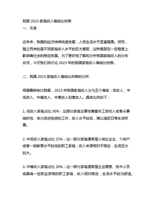 中国2023家庭收入等级比例表