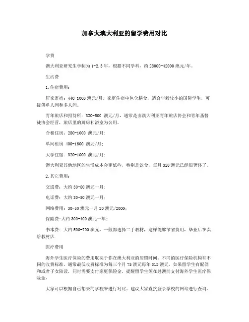 加拿大澳大利亚的留学费用对比