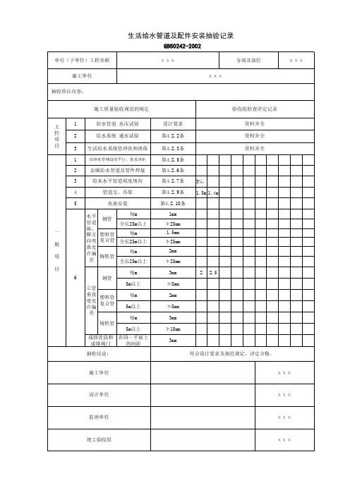 给水管道检验批质量验收记录表