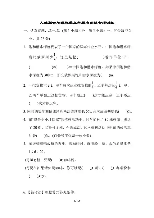 人教版六年级数学上册解决问题专项训练含答案