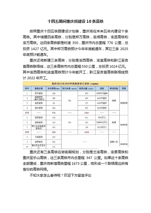 十四五期间重庆将建设10条高铁