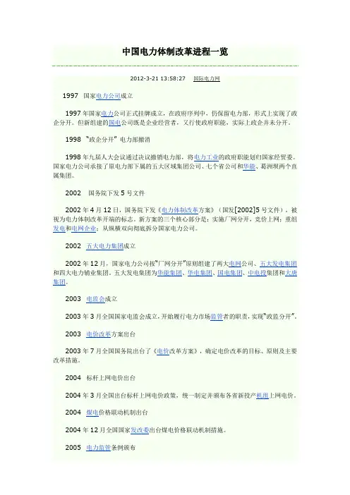 中国电力体制改革进程一览