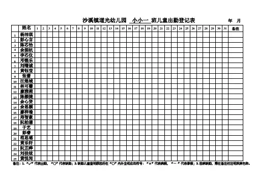 沙溪镇道光幼儿园幼儿每月出勤统计表