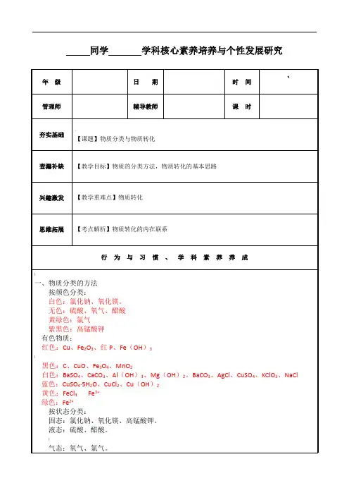 浙教版九年级科学2.4-——2.5物质的分类和物质的转化-教案