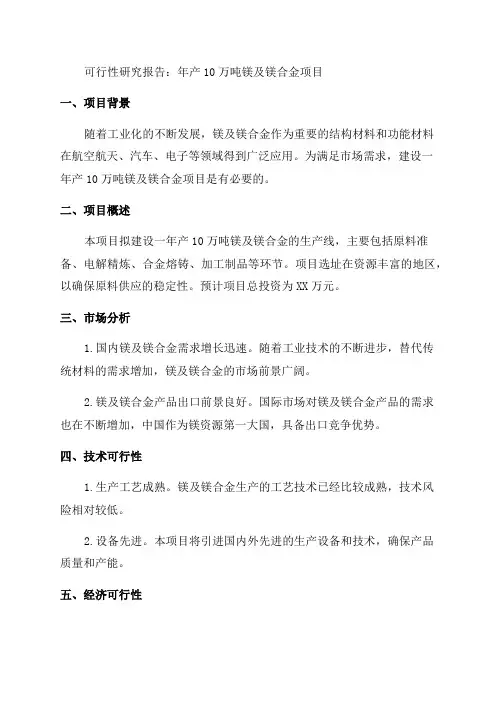 年产10万吨镁及镁合金项目可行性研究报告