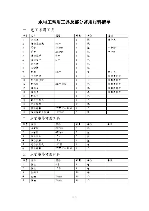 水电工常用工具及部分常用材料清单