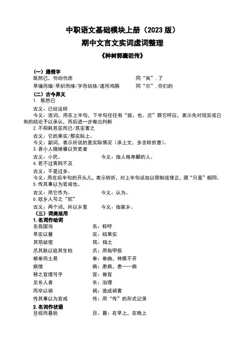 中职语文基础模块上册文言文实词虚词整理