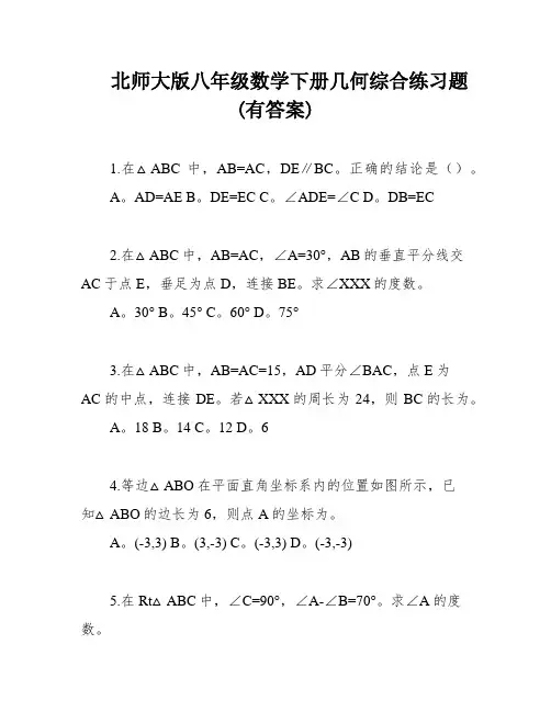 北师大版八年级数学下册几何综合练习题(有答案)
