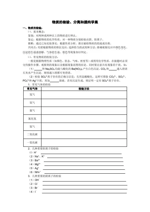物质的检验分离和提纯学案