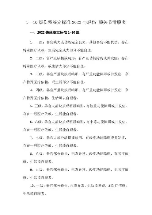 1—10级伤残鉴定标准2022与轻伤 膝关节滑膜炎