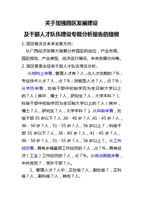 关于加强园区发展建设 及干部人才队伍建设专题分析报告的提纲