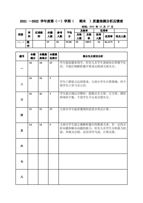 一年级数学期末质量检测分析反馈表 