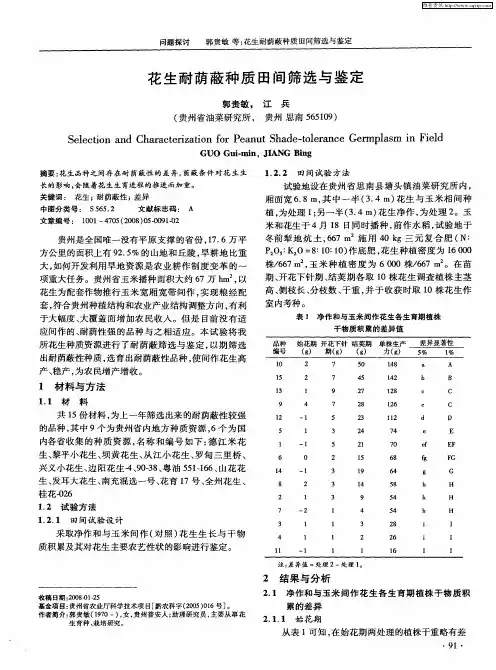花生耐荫蔽种质田间筛选与鉴定
