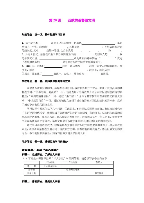 20.西欧的基督教文明 学案(北师大版八年级下)